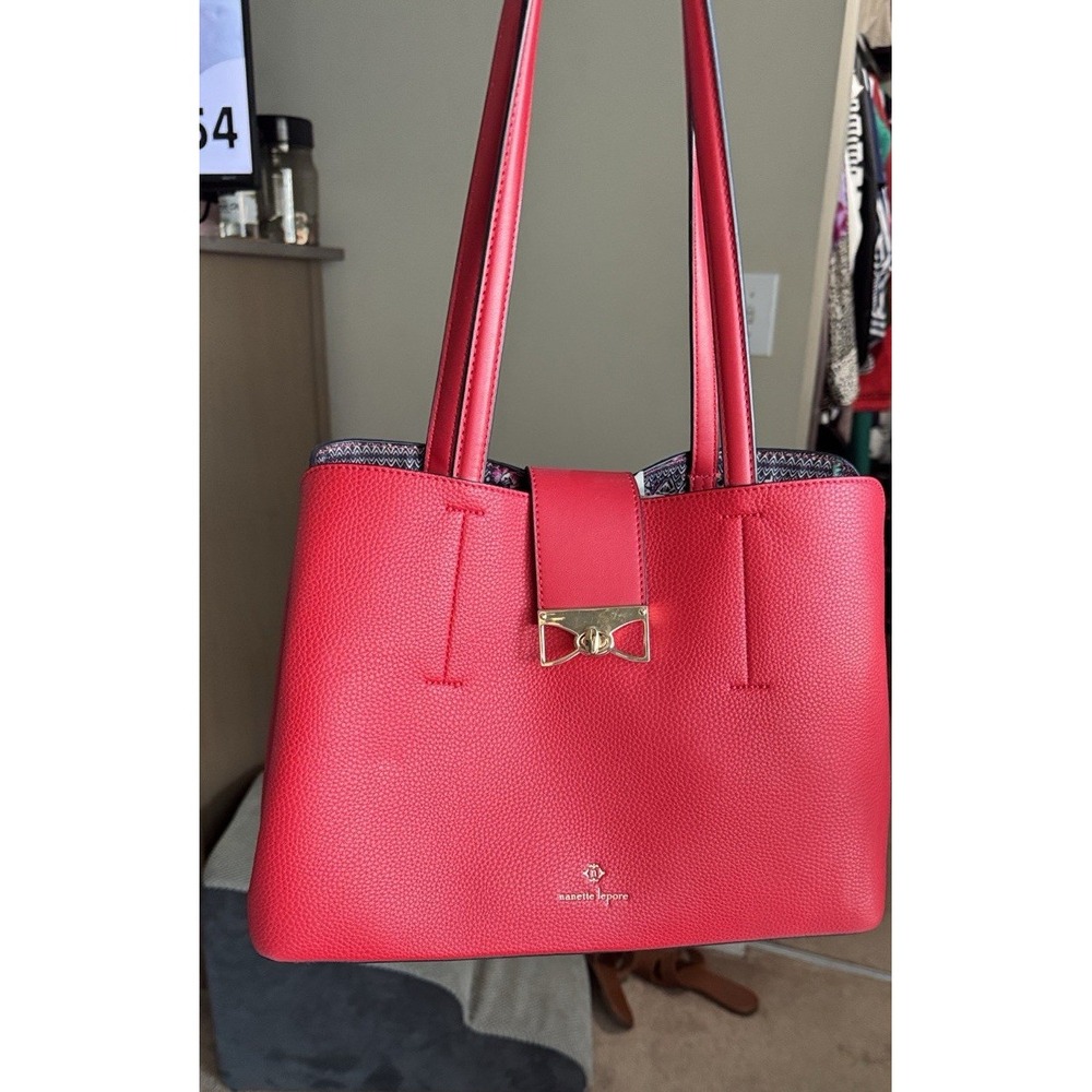 Nanette Lepore Red Pebbled Tote Bag Bow Accent Gold Hardware Women's Designer
